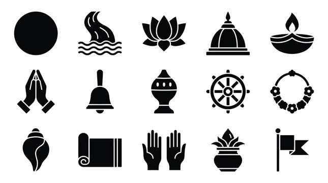 Collection of Hindu religious symbols and icons representing various aspects of worship and spirituality.