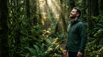 Obraz premium Man taking a deep breath of fresh morning air in peaceful forest perfect for wellness relaxation and freedom concepts