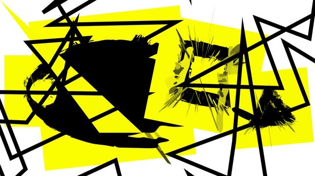 Dynamic abstract artwork showcasing a collision of sharp black geometric shapes and intricate fragmented textures against a vibrant yellow and white background, reflecting modern chaotic energy