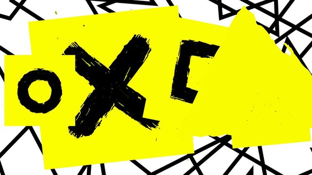 Tic Tac Toe Game Illustration with Yellow Square and Black X and O Mark on White Background