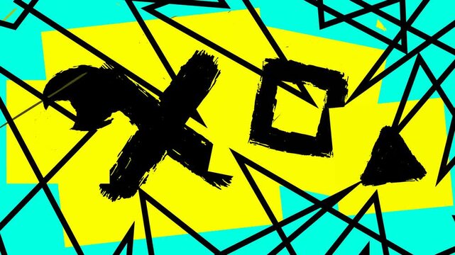 Abstract geometric shapes with X O symbols in a dynamic, vibrant yellow and teal color scheme, conveying a modern artistic expression