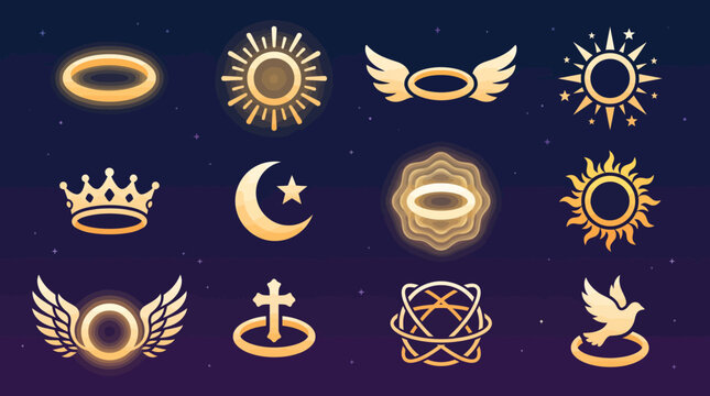 Set of glowing golden angel halo icons with various celestial symbols.