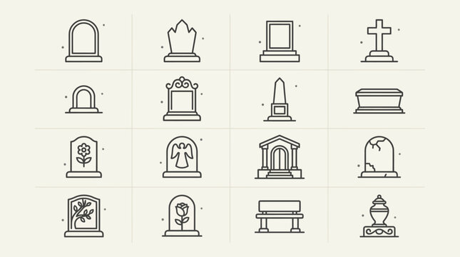 Set of graveyard and cemetery headstone line icons.