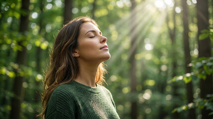 Woman breathing fresh morning air in peaceful forest perfect for mental health wellness relaxation and freedom concepts © Kamran
