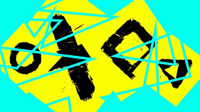 Energetic abstract graphic art piece with sharp geometric lines and bold, expressive brushstroke forms, creating a striking visual contrast in vibrant yellow and bright cyan