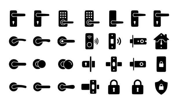 Minimal flat black door hardware icon collection with knobs lever handles and smart security locks vector set