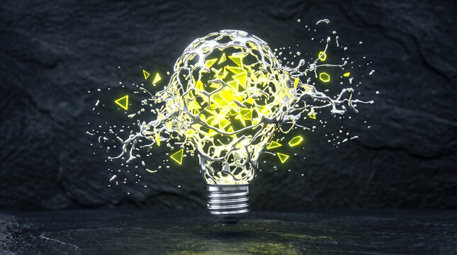 Abstract conceptual 3D light bulb exploding with neon geometric shapes representing innovation and creative ideas