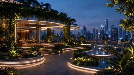 Obraz premium Futuristic Urban Rooftop Garden Concept