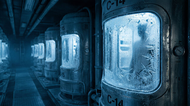 Cryogenic Chambers: A chilling view of human figures frozen in cryo chambers