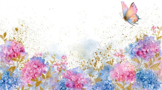 Vibrant hydrangeas with a colorful butterfly and golden glitter accents in a sharp focus macro shot for boutique wedding branding and greeting cards