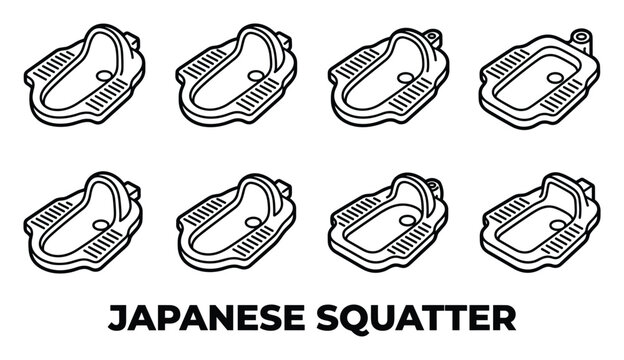 Japanese style squatter toilet icons set isometric view outline illustration multiple angles for sanitary facility design.