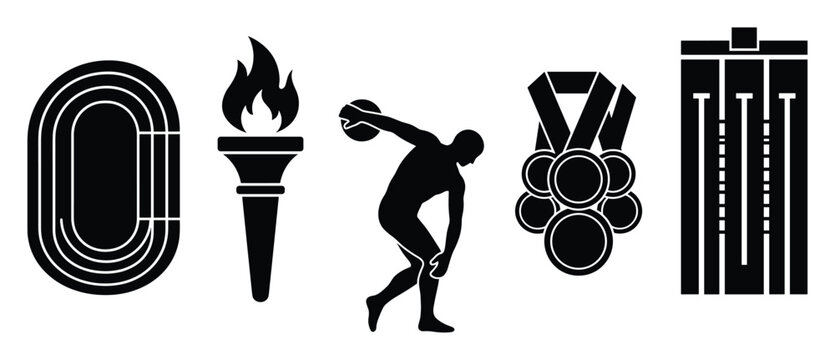 Sports and athletics competition icons featuring track torch discus medals podium graphics.