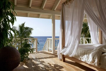 Obraz premium Luxury canopy bed overlooking a tropical ocean horizon with soft natural lighting for travel and hospitality marketing