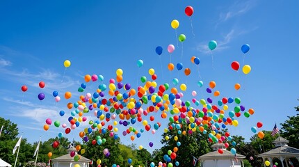 Colorful Helium Balloons Released into Clear Blue Sky at Celebration © zikri alfarisi
