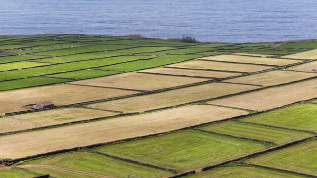 Patchwork Quilt Agricultural Fields At Miradouro da Serra do Cume On Terceira Island In The Azores, Portugal.