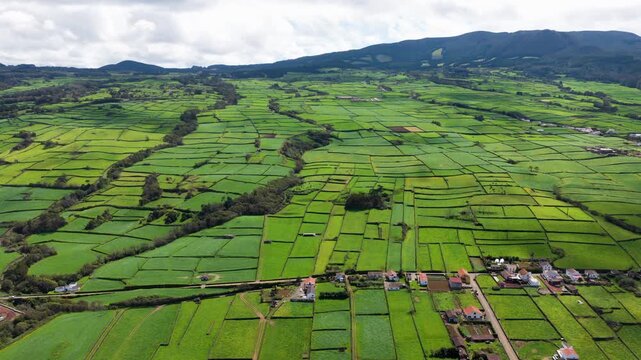Panoramic View Of Patchwork Quilt From Serra do Cume On Terceira Island In The Azores, Portugal. Aerial Drone Shot
