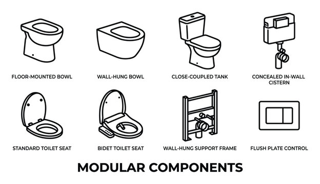 Modular toilet components floor mounted wall hung cistern seat bidet flush plate support frame.