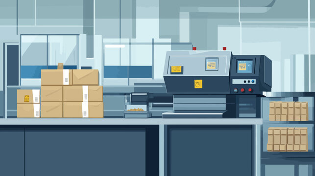 Industrial packaging line shows stacked corrugated boxes beside a large machine