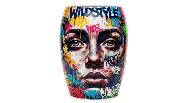 Vibrant graffiti portrait of a woman's face with colorful words covering her skin
