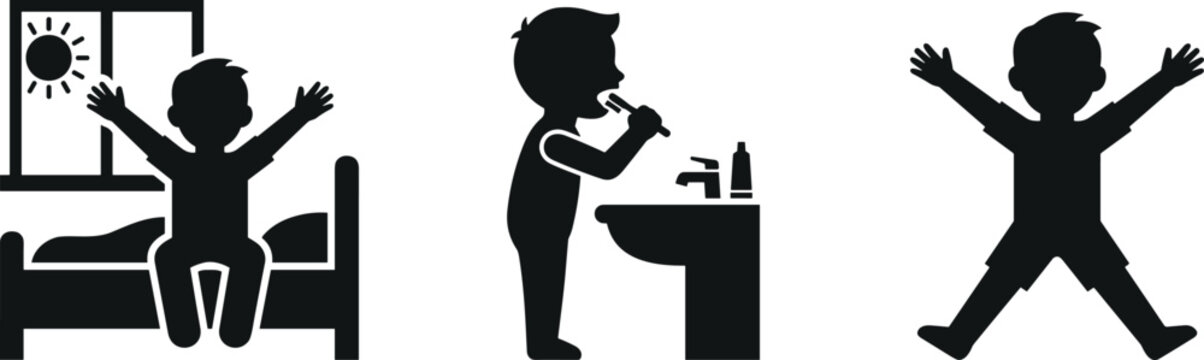 Child Daily Routine Silhouette Vector Illustration Set With Waking Up Brushing Teeth And Happy Morning Activities