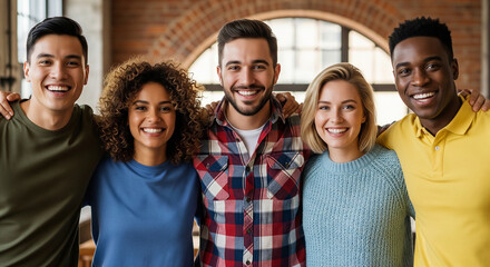 Fototapeta premium Happy group of diverse young students posing together perfect for positive college education and campus lifestyle