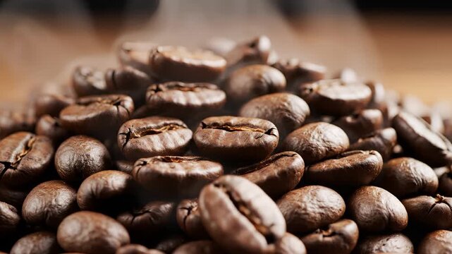 Closeup shot of freshly roasted coffee beans with steam rising 1.