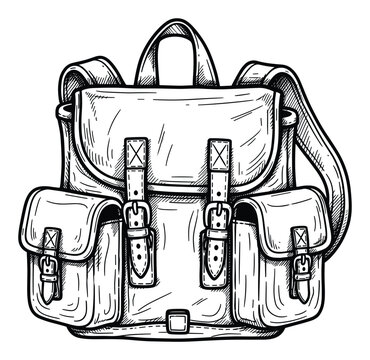 Vintage travel backpack line drawing for adventure gear luggage and outdoor lifestyle promotion.