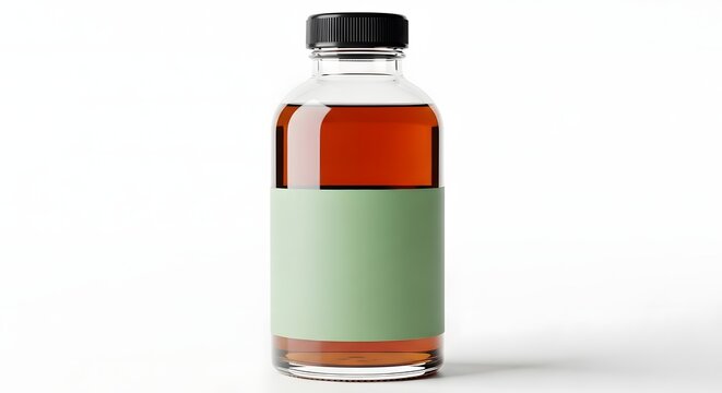 Minimalist Glass Beverage Bottle with Sage Green Label on White Background