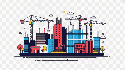 Fototapeta premium Flat Design City Construction Vector Illustration. Urban Skyline Development, Cranes, and Skyscraper Buildings on Transparent Background.