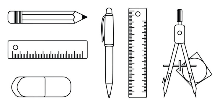 Set of drafting and school supplies pencil ruler eraser pen compass for educational and design use