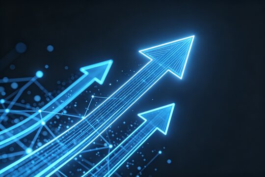 Digital upward arrows with network pattern
