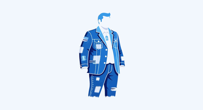 Fashionable man in patchwork denim suit silhouette