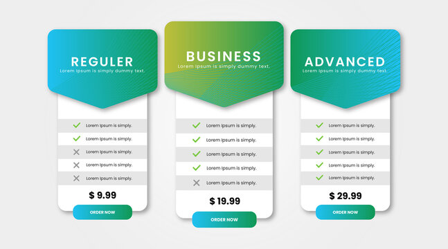 Three column pricing table template for business plans. Graphic includes green and blue gradient headers checkmarks dollar prices and order buttons on a clean grey background layout.