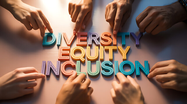 Hands arranging colorful diversity equity inclusion letters emphasizing clean environment and eco-friendly concepts