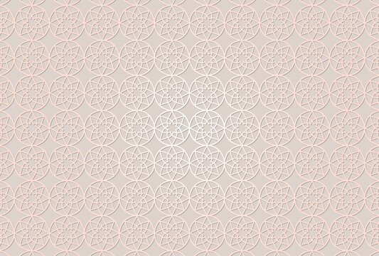 Repeating geometric pattern featuring interlocking circular motifs and octagram stars in a pink paper cut style, creating a delicate lattice ornamental background with soft shadows.