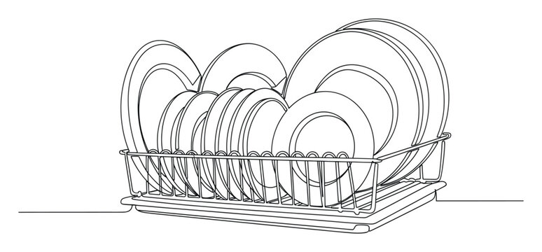 Continuous line graphic of plates organized in a dish drainer for home kitchen domestic tasks