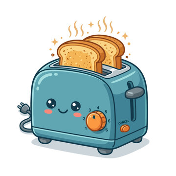 Cute cartoon toaster with toast and steam, kawaii style, isolated on white