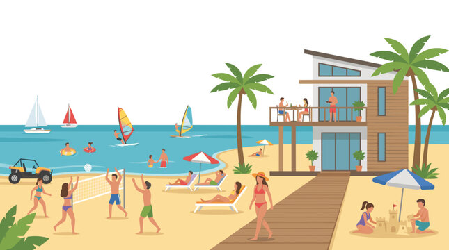 Summer vacation scene vector illustration of people relaxing by an ocean front property, playing volleyball, swimming, and windsurfing.