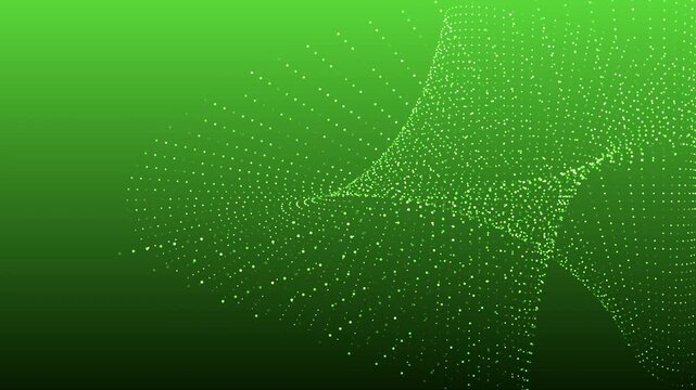 Abstract behongo green gradient background animation featuring tiny glowing light dots arranged into sheet-like flowing surfaces.