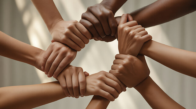 Hands of diverse people united in circle emphasizing urban lifestyle and city dynamics