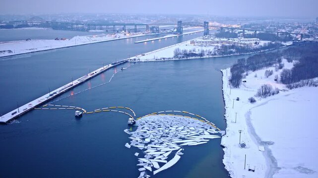Drone shot gliding over frozen landscapes in the Upper Peninsula