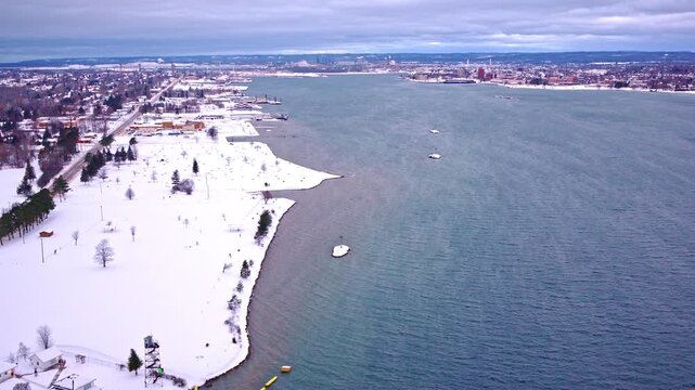 Drone shot of winter landscape near the soo locks in the Upper Peninsula of Michigan