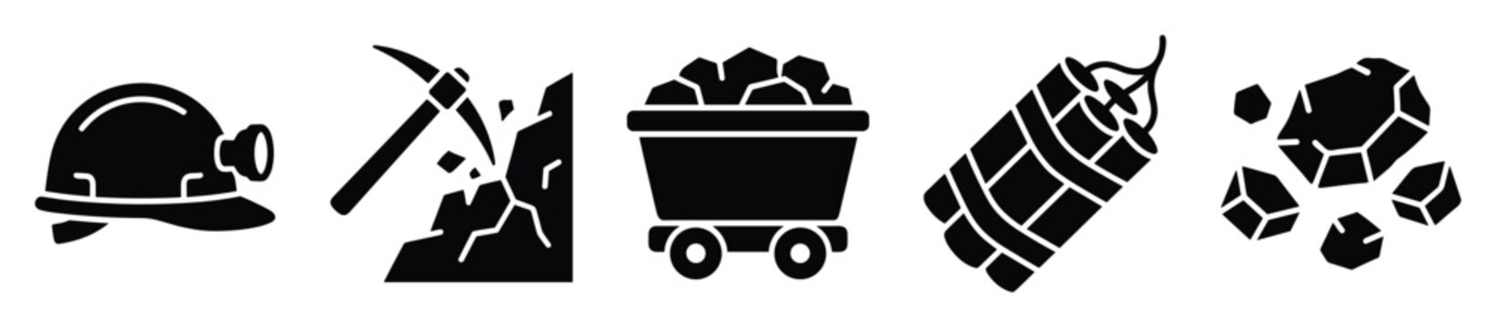 Mining equipment and resources glyph icons for industrial extraction and energy concepts