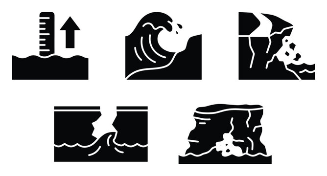 Environmental disaster glyphs depicting sea level rise, powerful ocean waves, and coastal erosion effects