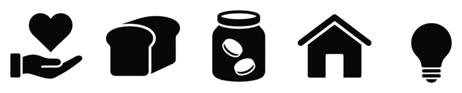 Essential icons representing basic human needs including care food home and ideas for community projects