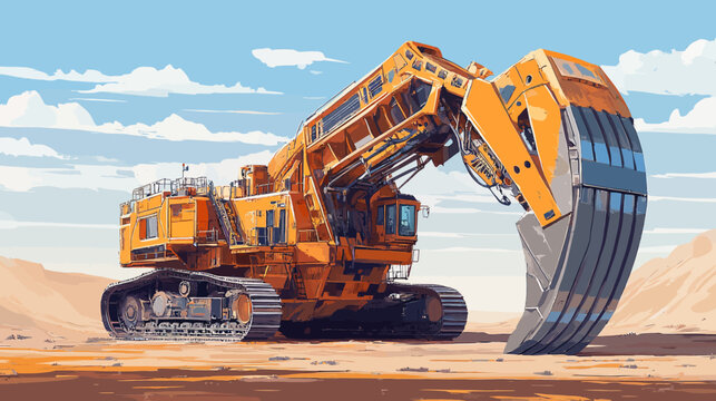 Bright orange dragline excavator in a sandy desert under a clear blue sky. glare