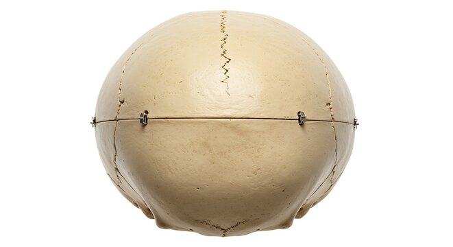 Top view of a medical human skull model showing cranial sutures and calvaria on a white background