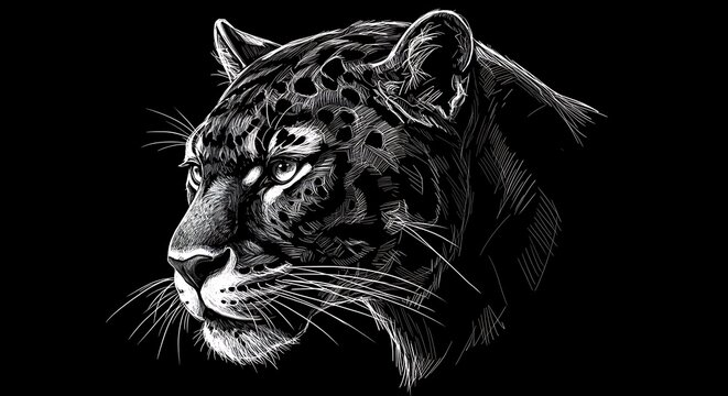 White line art sketch of a leopard head profile on a black background, high contrast drawing.