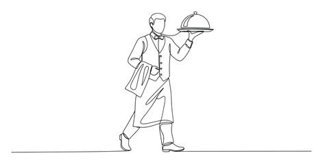 Obraz premium Professional waiter serves gourmet food on cloche tray for upscale restaurant and hotel marketing.