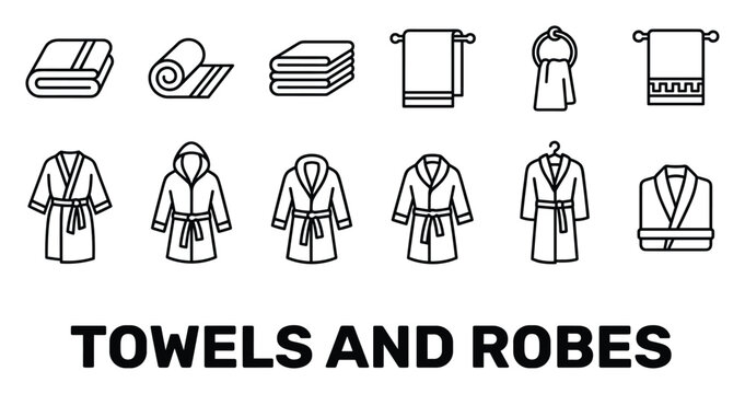 Towels and robes vector icons set for spa, bath, and bathroom use, soft fabric, comfort.